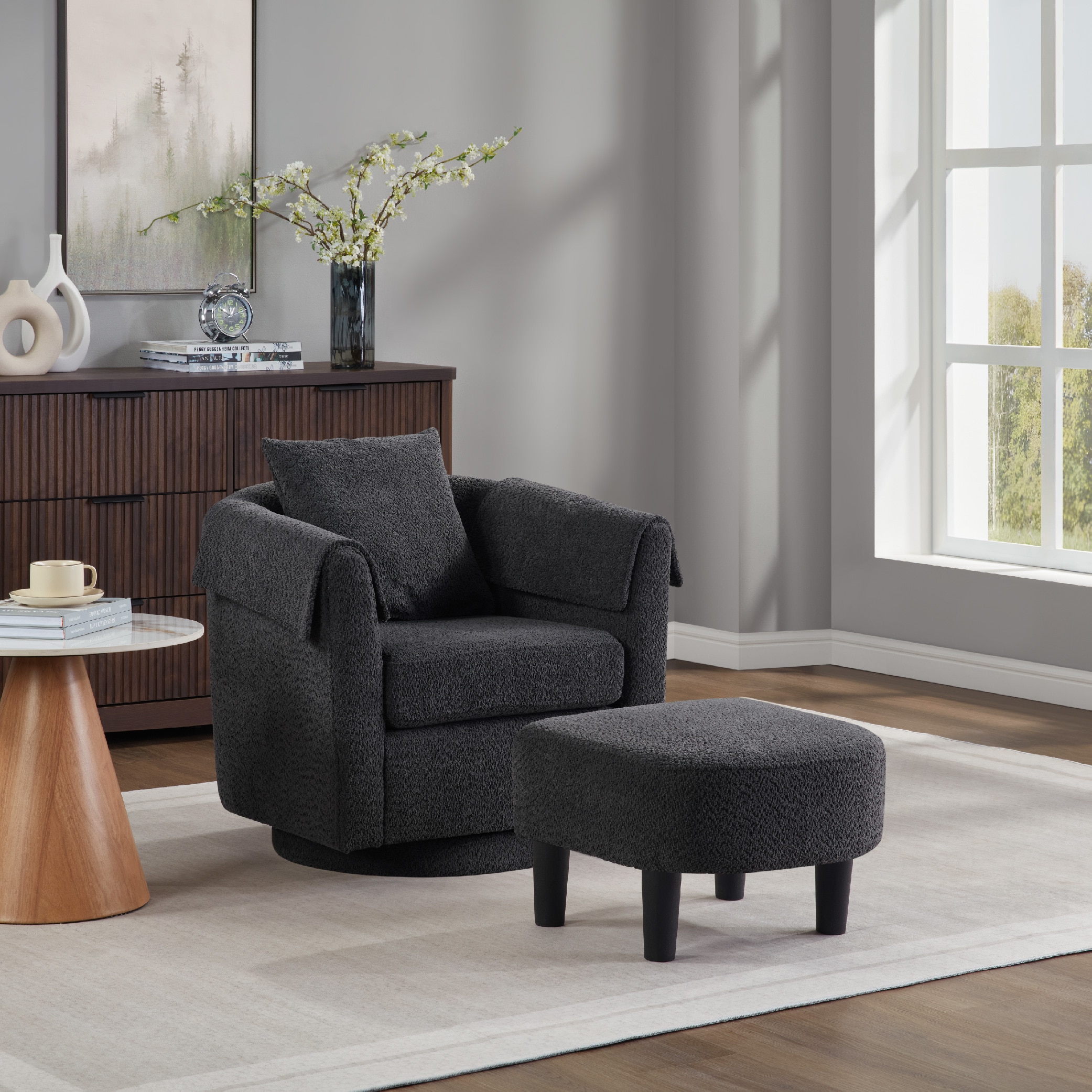Swivel Accent Chair With Ottoman Set, Modern Chenille Barrel Armchair With Removable Back Pillow & 2 Armrest Covers For Living Room, Bedroom, Office, Black_voghion.com